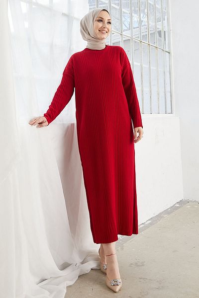 InStyle Μακρύ Πλεκτό Φόρεμα Arissa Turtleneck - Κόκκινο