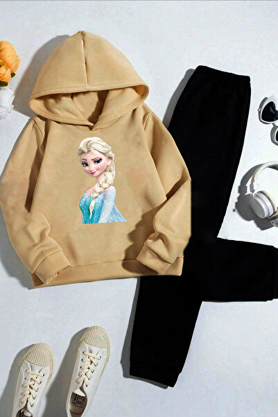 THEKONT Elsa Baskili Uni?sex Kapüşonlu Alt Üst Pamuklu Eşofman Takimi