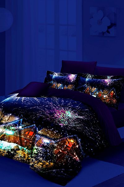 MonoHome New Year Neon Phosphorescent Duvet Cover Set - Double, 100% Cotton Satin, Nights Houses