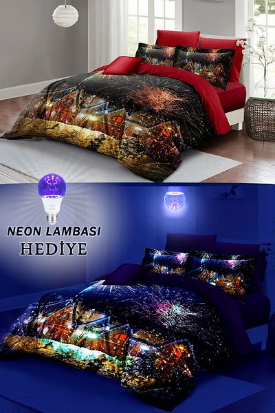 MonoHome New Year Neon Phosphorescent Duvet Cover Set - Double, 100% Cotton Satin, Nights Houses