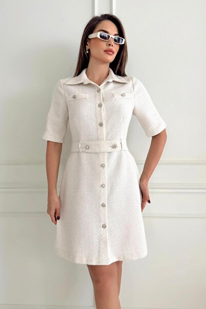 ZISHAN Şanel Kumaş Kemer Detaylı Önden Düğmeli Kadın Gömlek Elbise 025