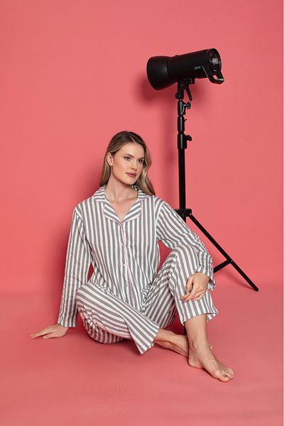 CALİA Women's Front Button Long Sleeve Gray Striped Shirt Model Pajamas Set New Season