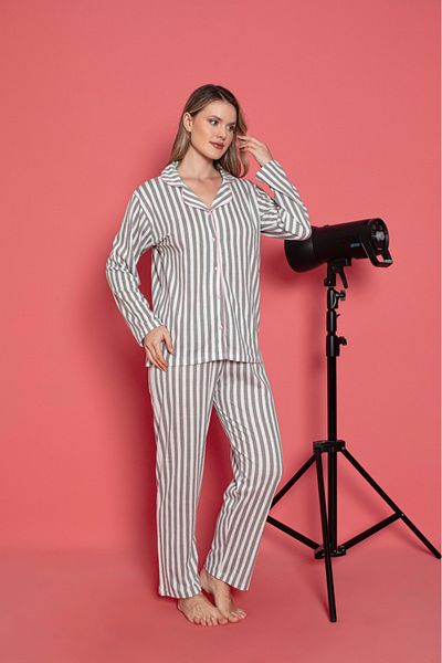CALİA Women's Front Button Long Sleeve Gray Striped Shirt Model Pajamas Set New Season