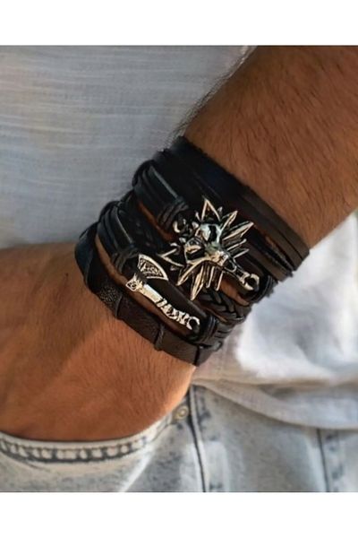 BSN Store Skandinav Viking Wolf Figure Leather Bracelet Keychain & Necklace Set of 3