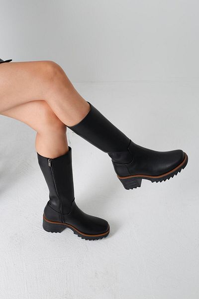 Beyond Women's Black Fur Lined Zippered Double Color Sole Leather Boots 6cm Byndki̇1050