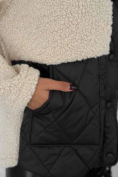 FEMELLE Women's Beige Snap Fastener Double Pocket Hooded Quilted Coat