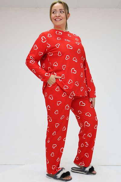 Eslina 47814 Plus Size Micro Suede Long Sleeve Pajamas - Big Heart Red