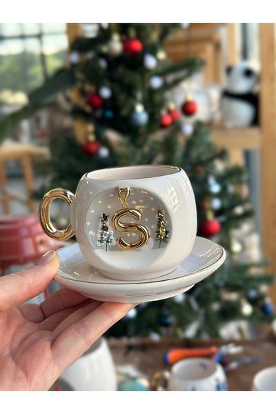 BSK Ceramic Handmade Letters Coffee Cup - Christmas Snowman Pine Tree Mug Gift S