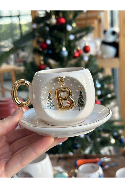 BSK Ceramic Handmade Letters Coffee Cup - Christmas Snowman Pine Tree Mug Gift B