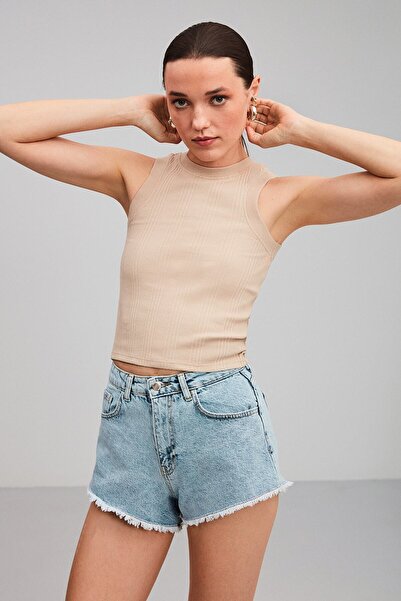 GRIMELANGE Janette Kadın Halter Yaka Düzensiz Fitilli Esnek Kumaşlı Vücudu Saran Bej Atlet