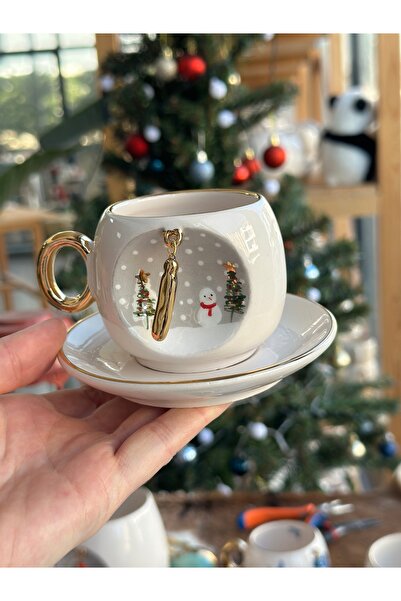 BSK Ceramics Handmade Harfli Porselen Kahve Fincan Yılbaşı Kardan Adam Çam Ağacı Kupa Hediye İ