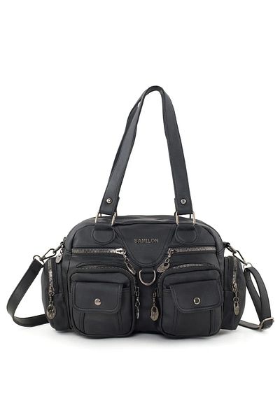 By Hakan Tk-04 Women's Casual Leather Bag - Shoulder and Shoulder Bag, Multi-Compartment, Washable Black