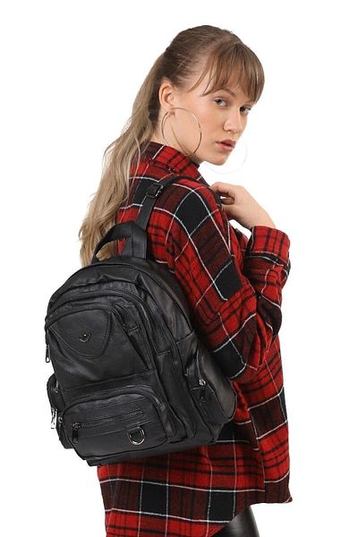 By Hakan Rucsac din piele pentru femei Tk-02 - Geantă casual spălată, cu mai multe compartimente, NEGRU