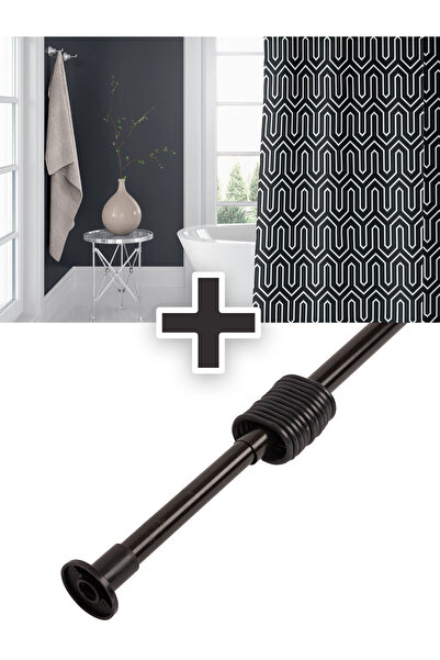 Tropikhome Polyester Kumaş Etnik Desen Siyah Banyo Perdesi Siyah Askı Aparatı Hediyeli C-halkalı Duş Perdesi