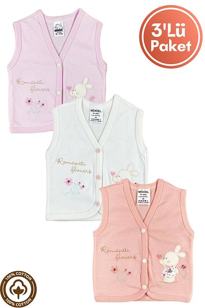 Miniel 3-Piece Unisex Baby Vest Set - Cross Stitch, Rabbit Embroidered, Organic Cotton, 3-6-9 Months