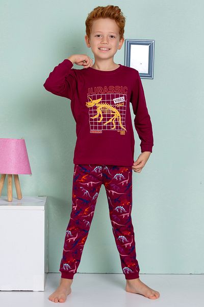 MADALİNA Set de pijamale pentru băiat, 100% bumbac, cu model de dinozaur roșu Claret