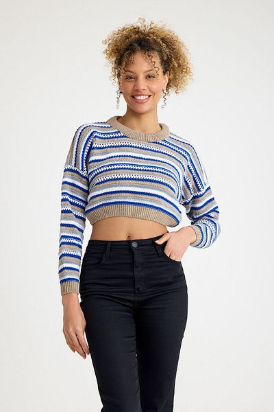 comstar Pulover crop albastru casual cu găuri la modă pentru femei