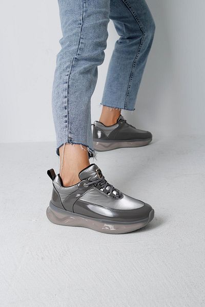 Beyond Gray Patent Leather Sneaker - Buckle Detailed, Parachute Fabric, 4cm Byndk07