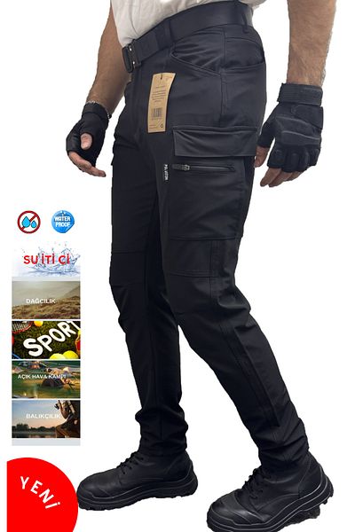 Polviton Men's Combat Tactical Softshell Cargo Pants with Pockets, Slim Fit Black