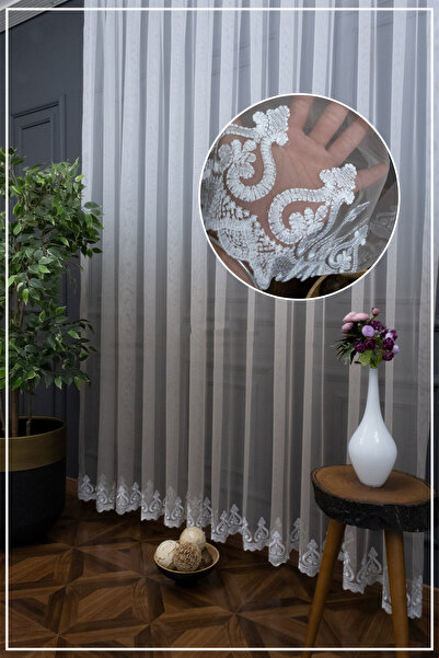 farbateks 3 Layers Pleated Mink Colored Embroidered Gradient Tulle Curtain