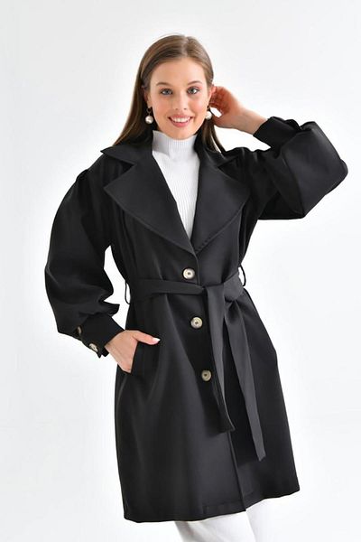 Deafox Black Button Detail Water Repellent Belted Trench Coat