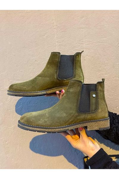 M.P. Genuine Suede Leather Khaki Men's Chelsi Boots, Rubber Non-Slip Sole, Double Elastic Easy Wear