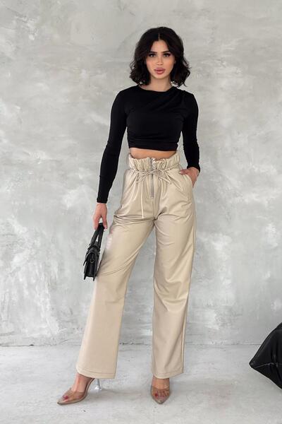 Deafox Krémszínű láncrészlet, rugalmas derékzseb műbőr Palazzo nadrág