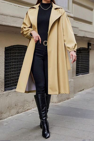 Deafox Camel Color Elastic Ankle Standard Size Water Repellent Belted Trench Coat