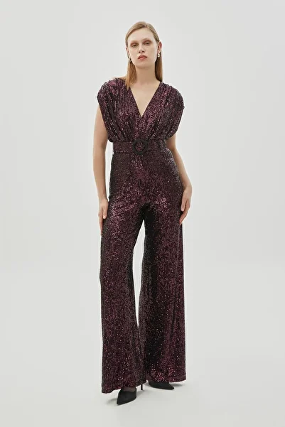 Exquise V-Neck Sequined Regular Jumpsuit with Elastic Waist