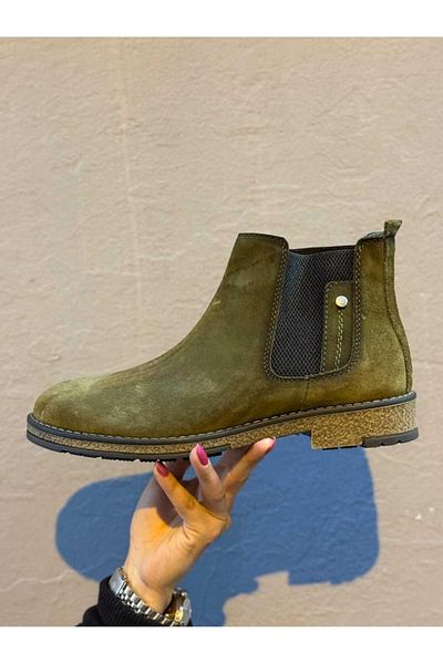 M.P. Genuine Suede Leather Khaki Men's Chelsi Boots, Rubber Non-Slip Sole, Double Elastic Easy Wear