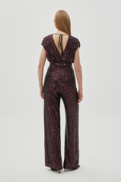 Exquise V-Neck Sequined Regular Jumpsuit with Elastic Waist