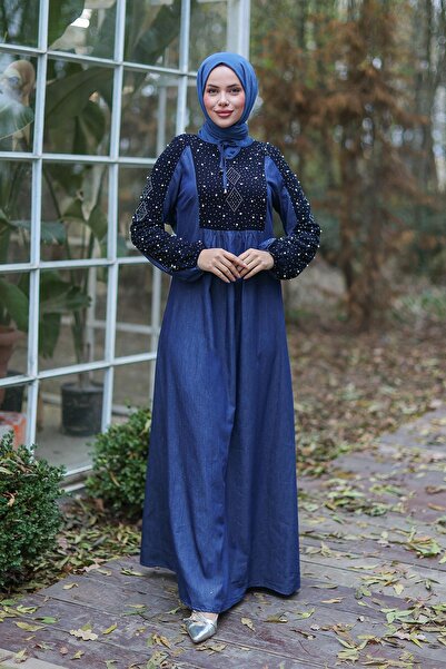 MİSSKAYLE Σκούρο τζιν φόρεμα με πέτρινη λεπτομέρεια