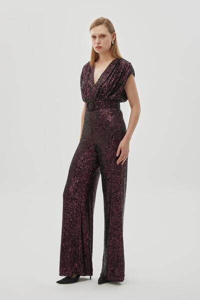 Exquise Beli Lastikli V Yaka Payetli Regular Tulum