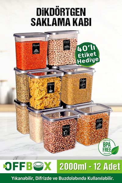 OFFBOX 2 Liter Rectangular Spice Rack Pulses Storage Box - Dowry Set with 12 Pieces of 40 Labels as a Gift