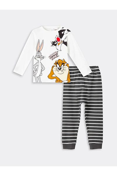 LC Waikiki Ecru Crew Neck Bugs Bunny Printed Girls' Pajama Suit