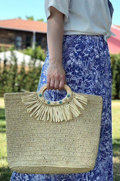 CEYBAG Kadın Ahşap Saplı Rafya Örgü El Çantası/Plaj Çantası