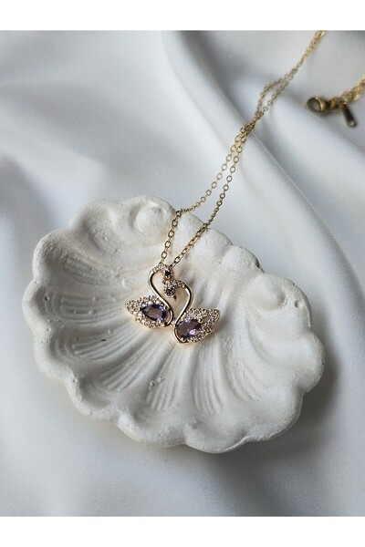 ULYOS PONIS Aşk Çift Kuğu Sevgili Zirkon Taşlı İnce Zincirli Vip Kadın Stainless Steel Kararmaz Çelik Kolye