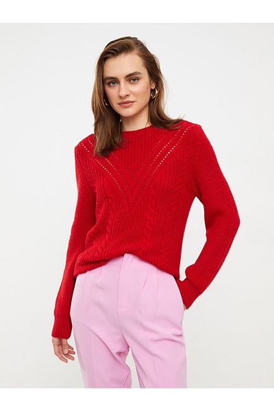 LC Waikiki Red Crew Neck Self Pattern Long Sleeve Women's Knitwear Sweater