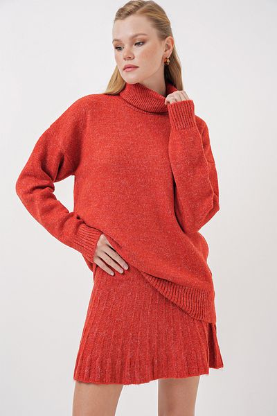 Bigdart 15891 Ziegelsteinfarbenes Pullover- und Rockstrickwaren-Set, 2 Stück