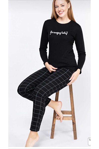 GOOD NİGHT Siyah yazılı Pijama Takımı