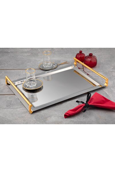 Tiamo DUBLE PUNTO BÜYÜK ÇELİK 18/10 ÇAY TEPSİ GOLD  32 CM - 48 CM