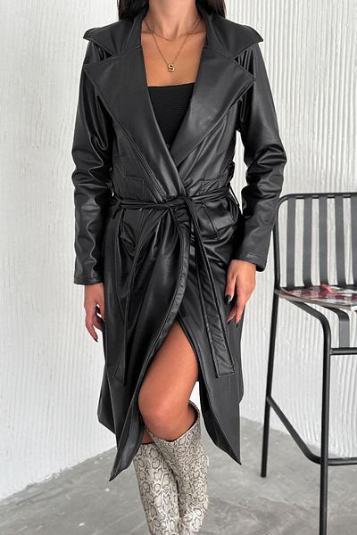 Deafox Faux Leather Trench Coat with Black Lining and Belt