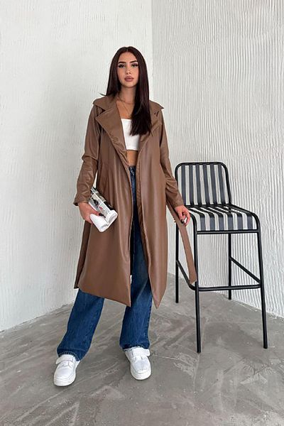 Deafox Faux Leather Trench Coat with Brown Lining and Belt