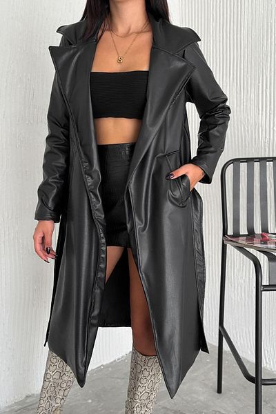 Deafox Faux Leather Trench Coat with Black Lining and Belt