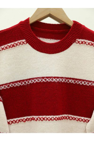Modamorfo Cross Stripe Patterned Knitwear Tunic -Red