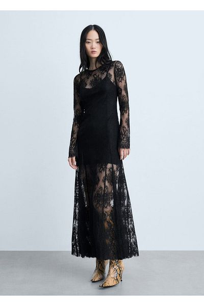 MANGO Woman Rochie lungă din dantelă semitransparentă