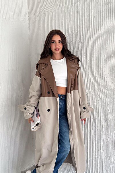 Deafox Kahverengi Çift Renkli Kuşaklı Ve Astarlı Suni Deri Trençkot