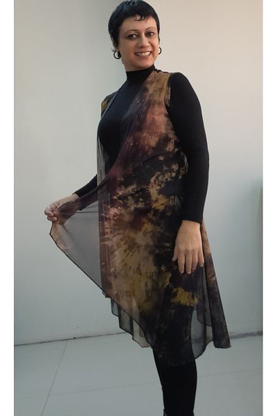 Mertcan Butik Shabby Asymmetrical Silk Tulle Vest with Black Tie Dye Print