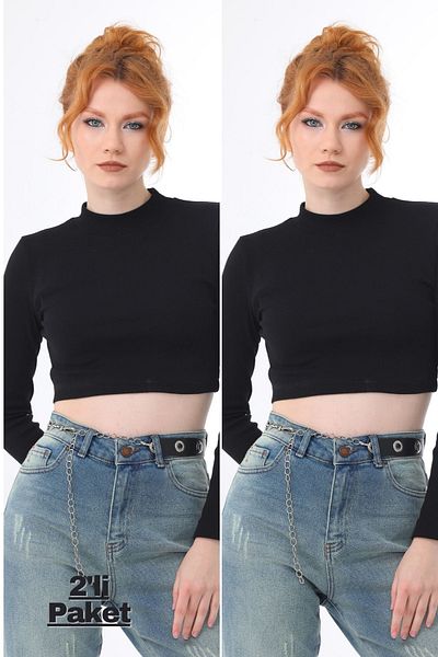kallima Black 2-Pack Stand Collar Fitted/Fitted Crop Ribbed Stretchy Knitted Blouse