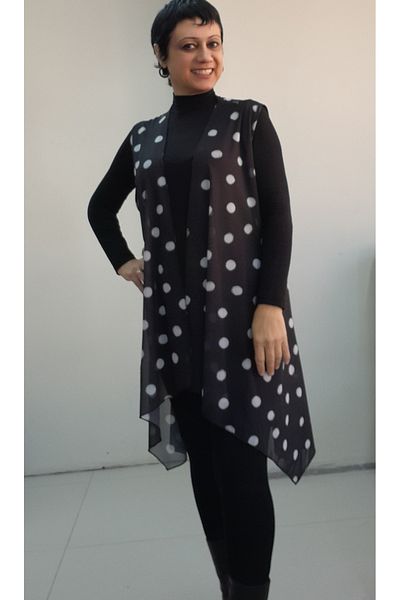 Mertcan Butik Black Polka Dot Loose Asymmetrical Silk Gauze Vest